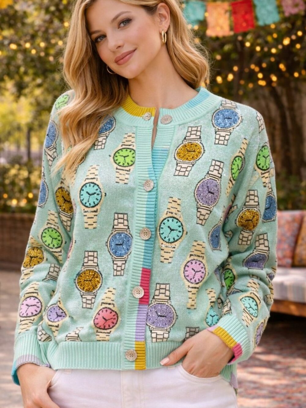 NWT Queen of Sparkles Aqua Colorblock Trim Multi Watch Button-Up Cardigan